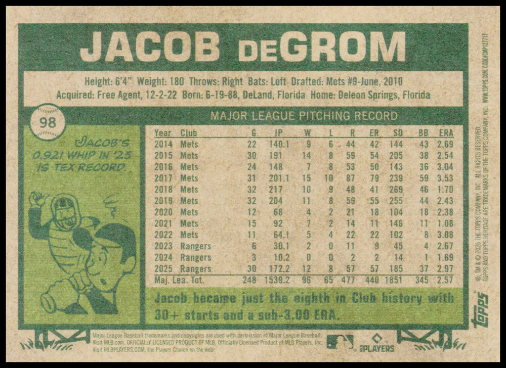 2026 Topps Heritage Jacob deGrom Card