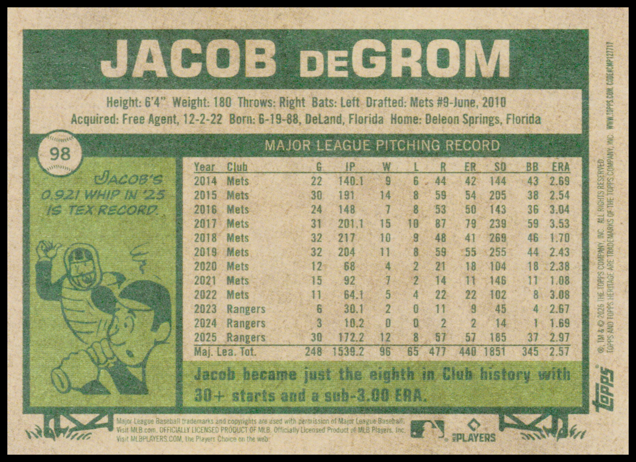 2026 Topps Heritage Jacob deGrom Card