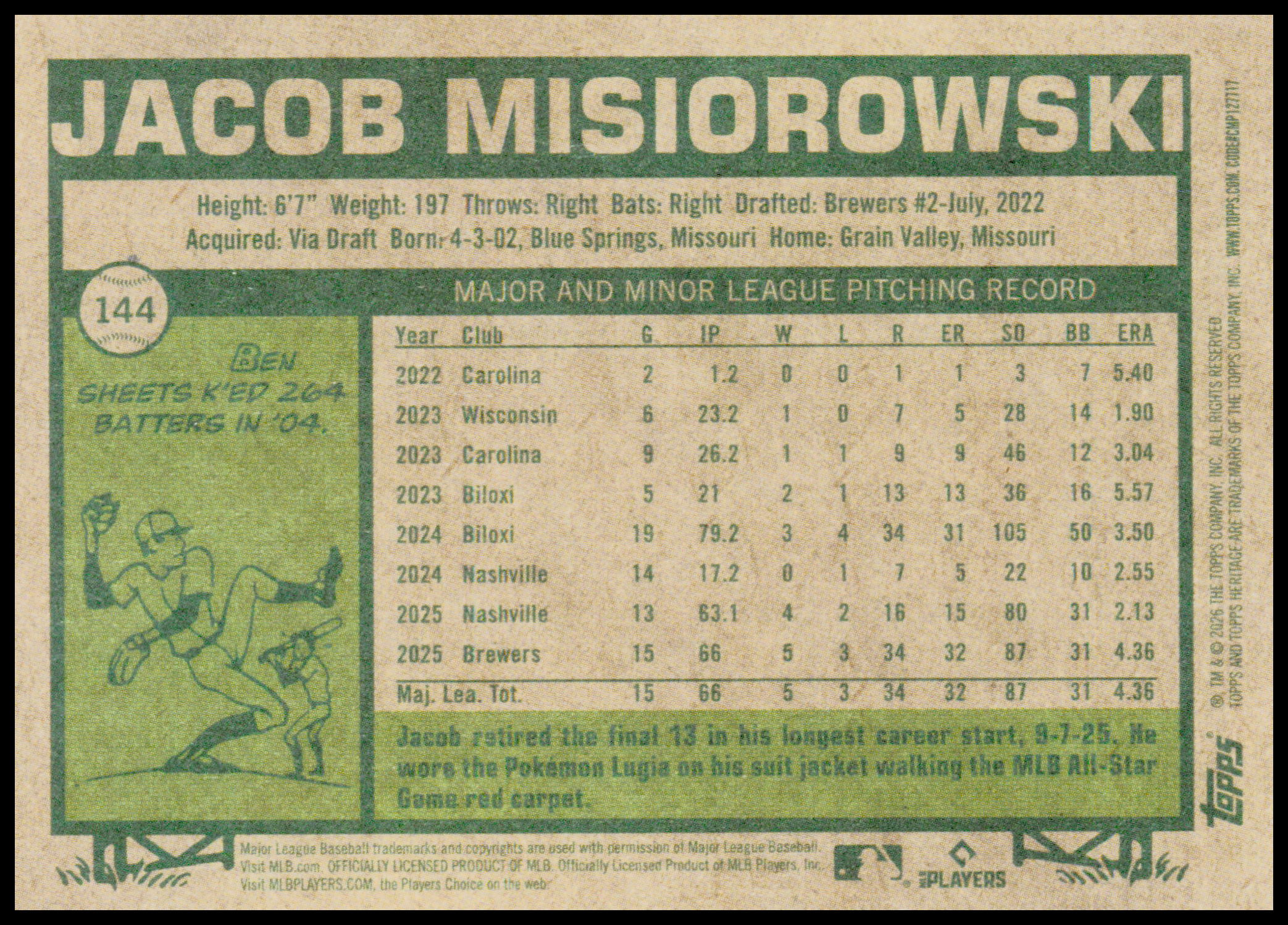 2026 Topps Heritage Jacob Misiorowski Card RC RC