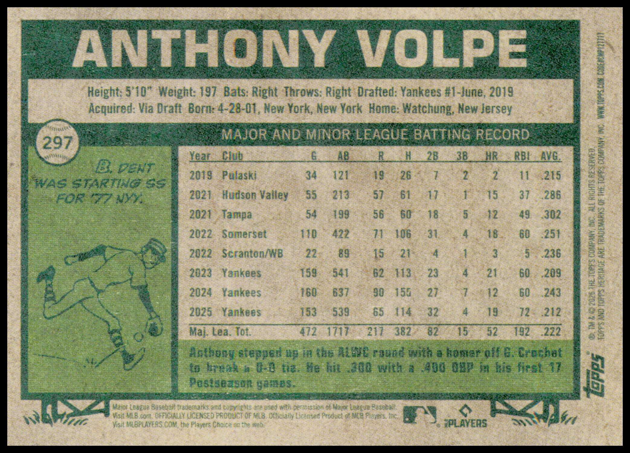 2026 Topps Heritage Anthony Volpe Card New York Yankees #297