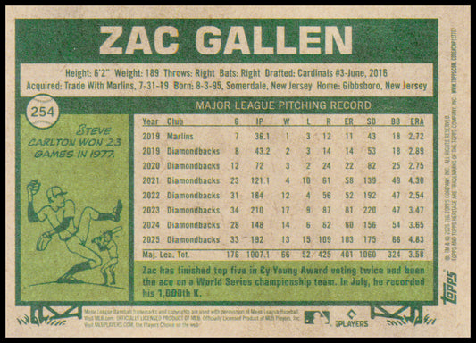 2026 Topps Heritage Zac Gallen Card Arizona Diamondbacks #254