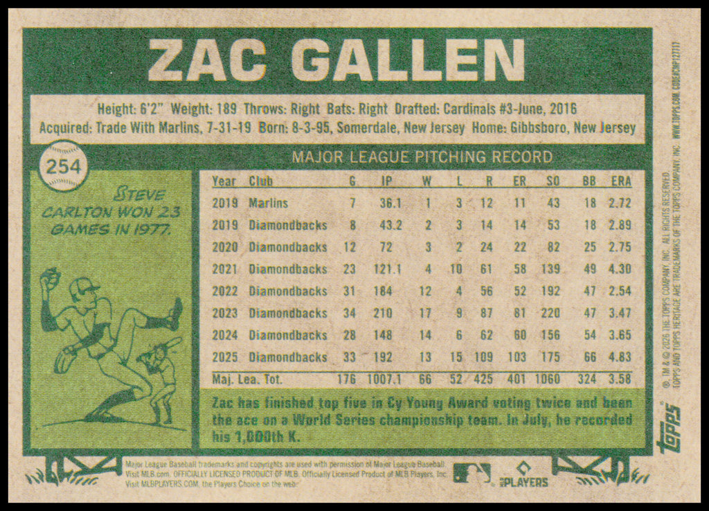 2026 Topps Heritage Zac Gallen Card Arizona Diamondbacks #254