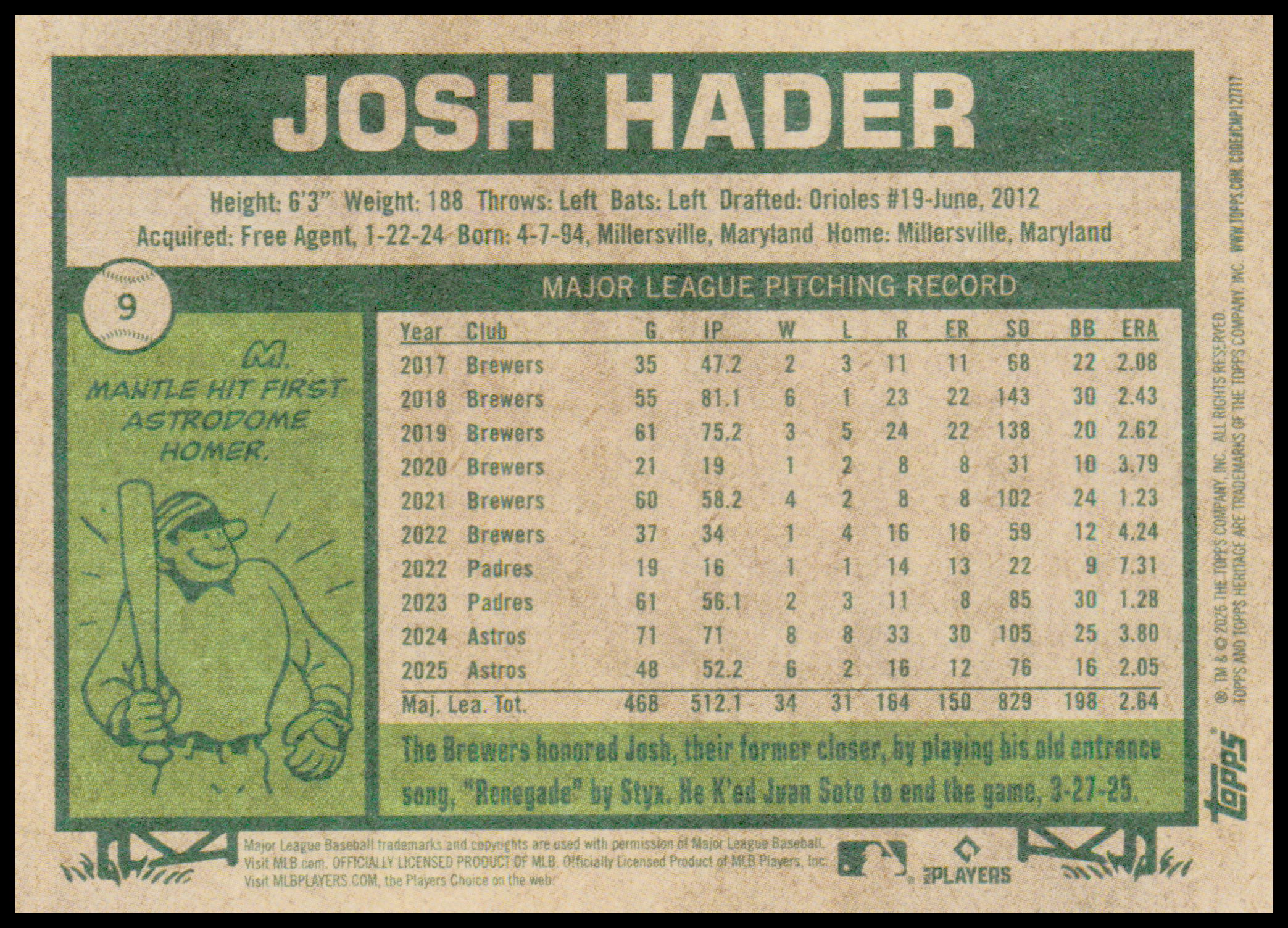 2026 Topps Heritage Josh Hader Card Houston Astros #9