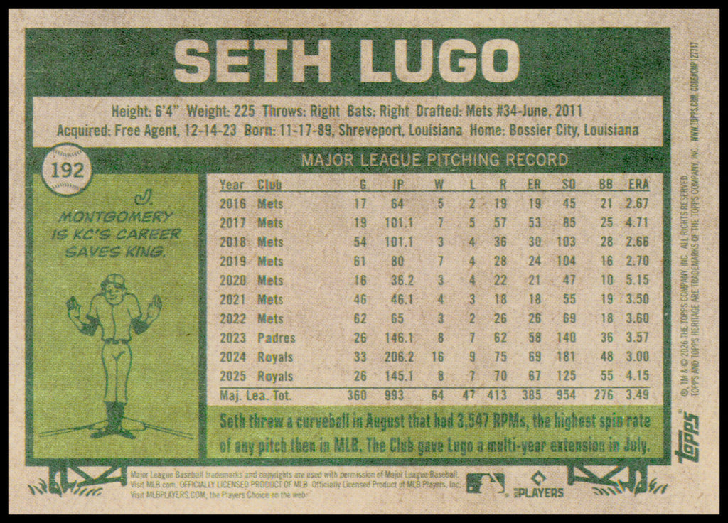 2026 Topps Heritage Seth Lugo Card Kansas City Royals #192