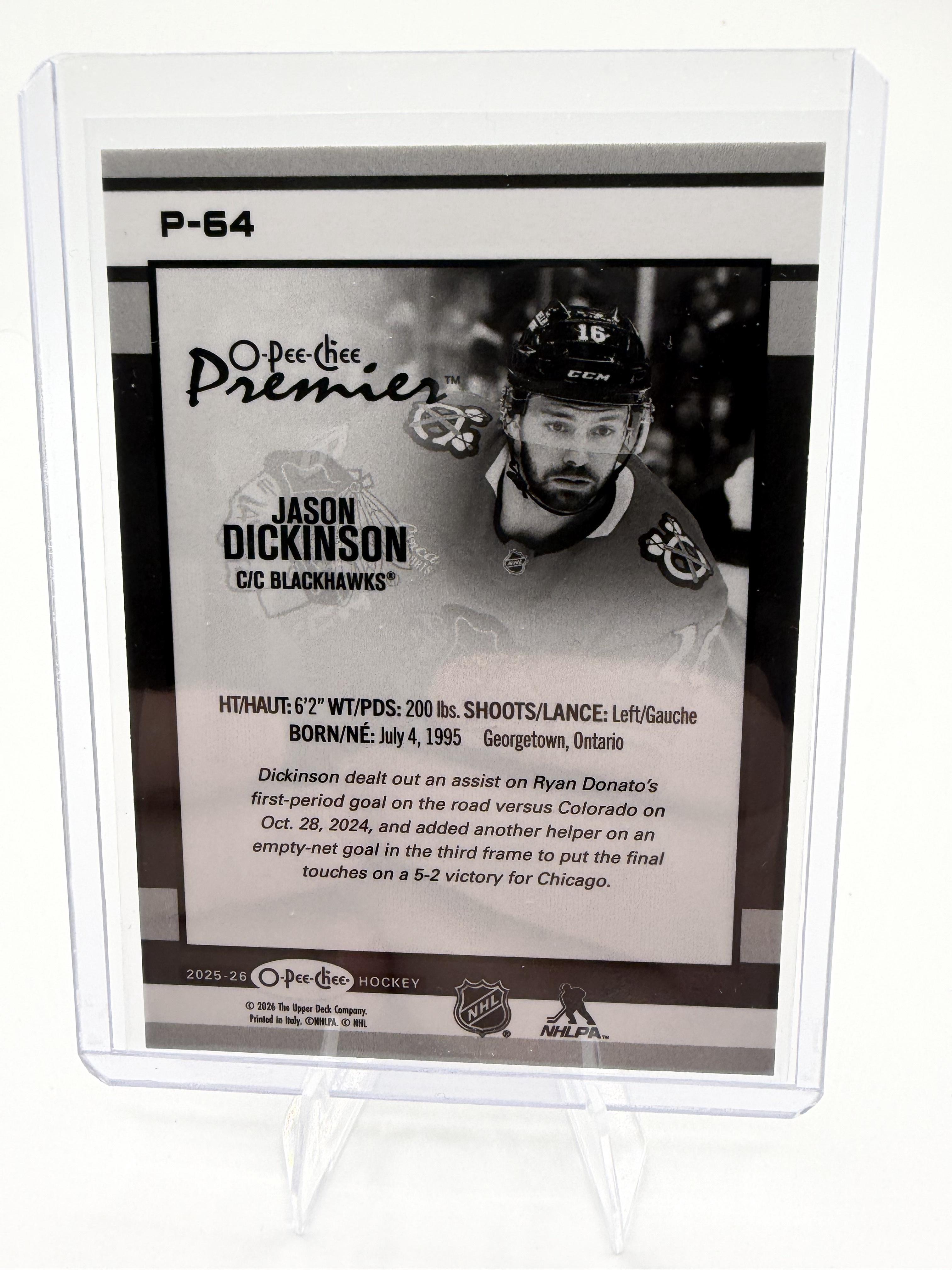 2025-26 O-Pee-Chee Premier Jason Dickinson #P-64 Chicago Blackhawks Rainbow Foil