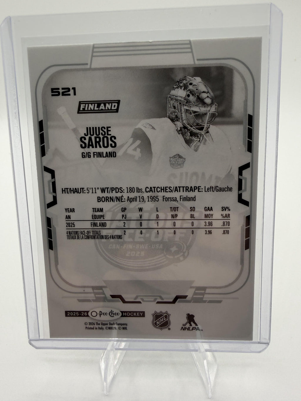 2025-26 O-Pee-Chee Juuse Saros Card