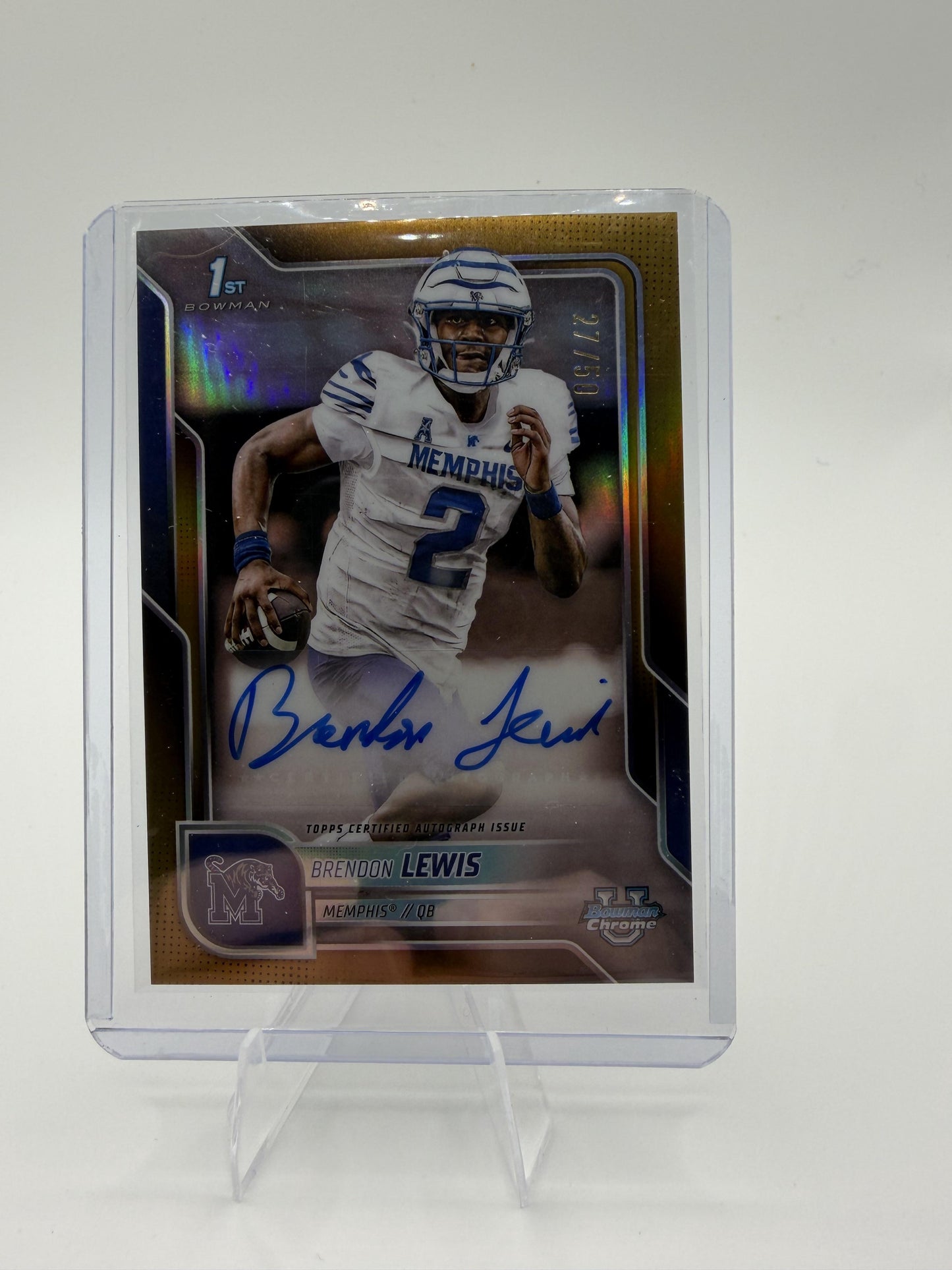 2025 Bowman Chrome BRENDON LEWIS GOLD REFRACTOR AUTO /50 1st Memphis QB #BCA-BL