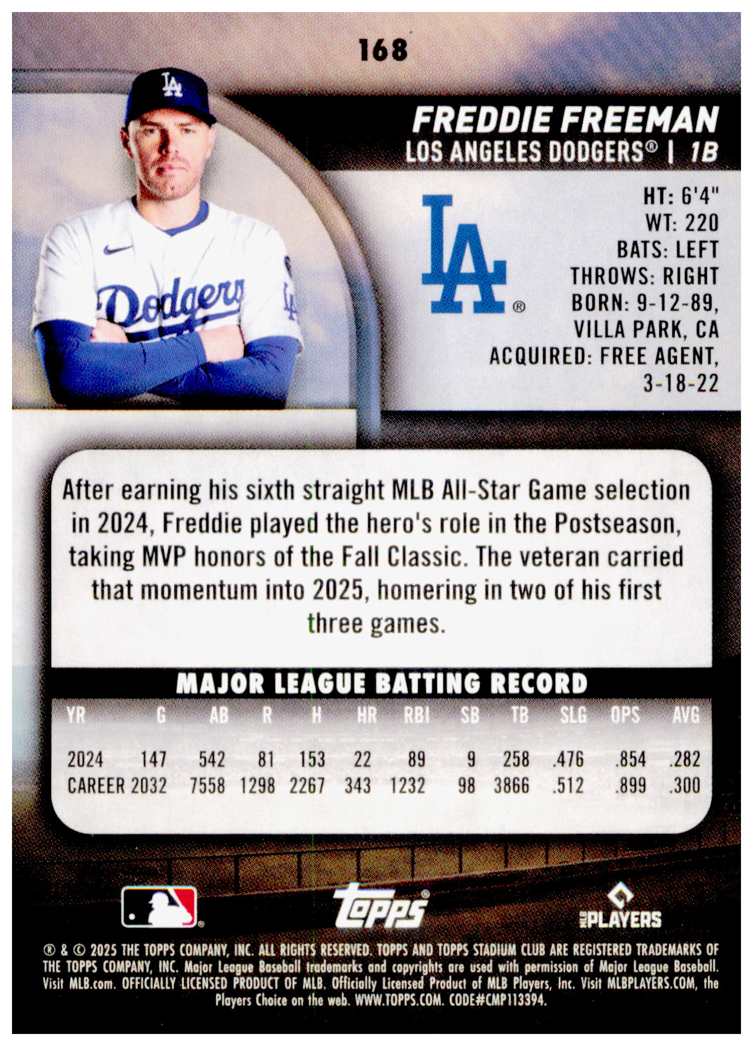 2025 Stadium Club Freddie Freeman Card #168
