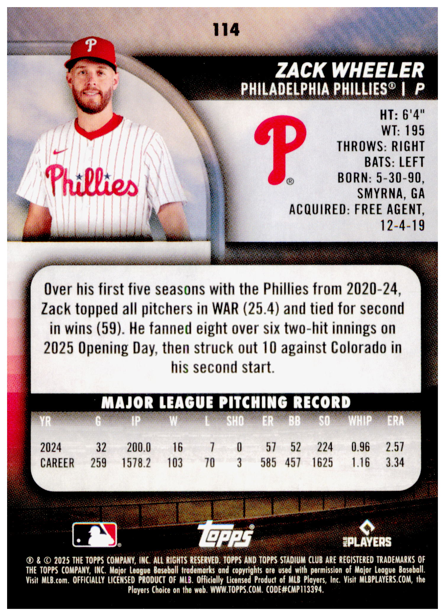 2025 Stadium Club Zack Wheeler Card Philadelphia Phillies #114
