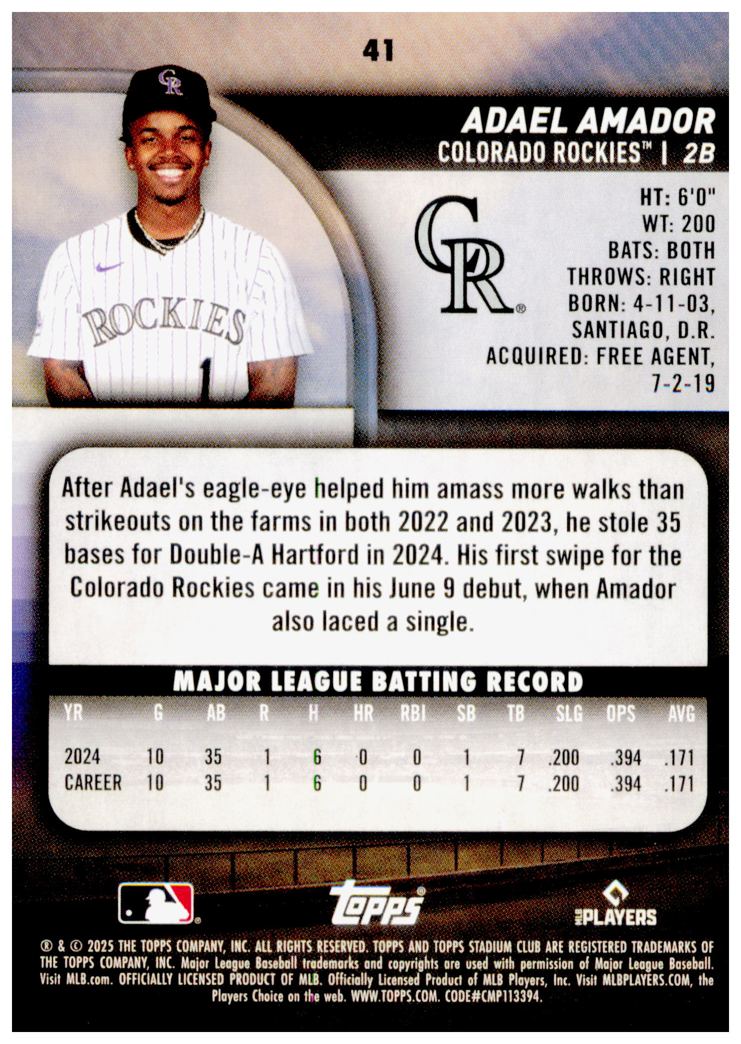 2025 Stadium Club Adael Amador Card RC Rockies