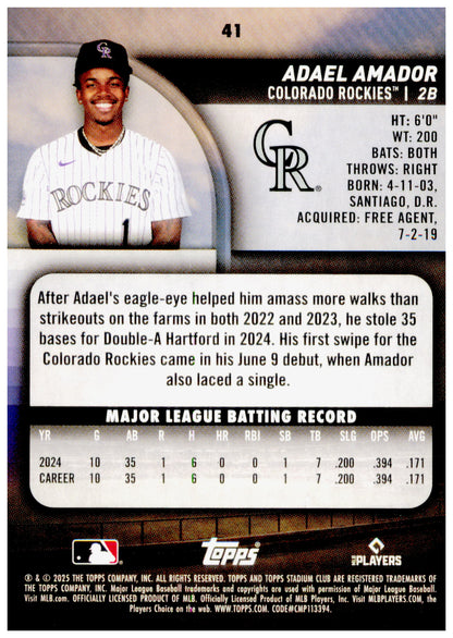 2025 Stadium Club Adael Amador Card RC Rockies