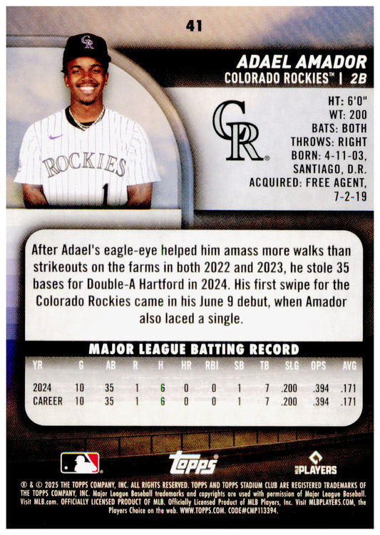 2025 Stadium Club Adael Amador Card RC Rockies