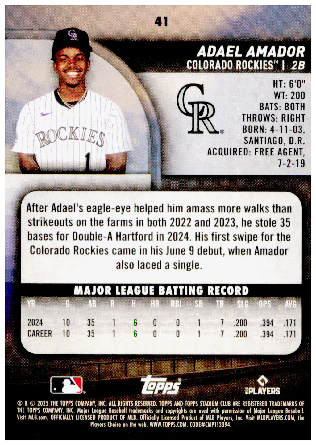 2025 Stadium Club Adael Amador Card RC Rockies