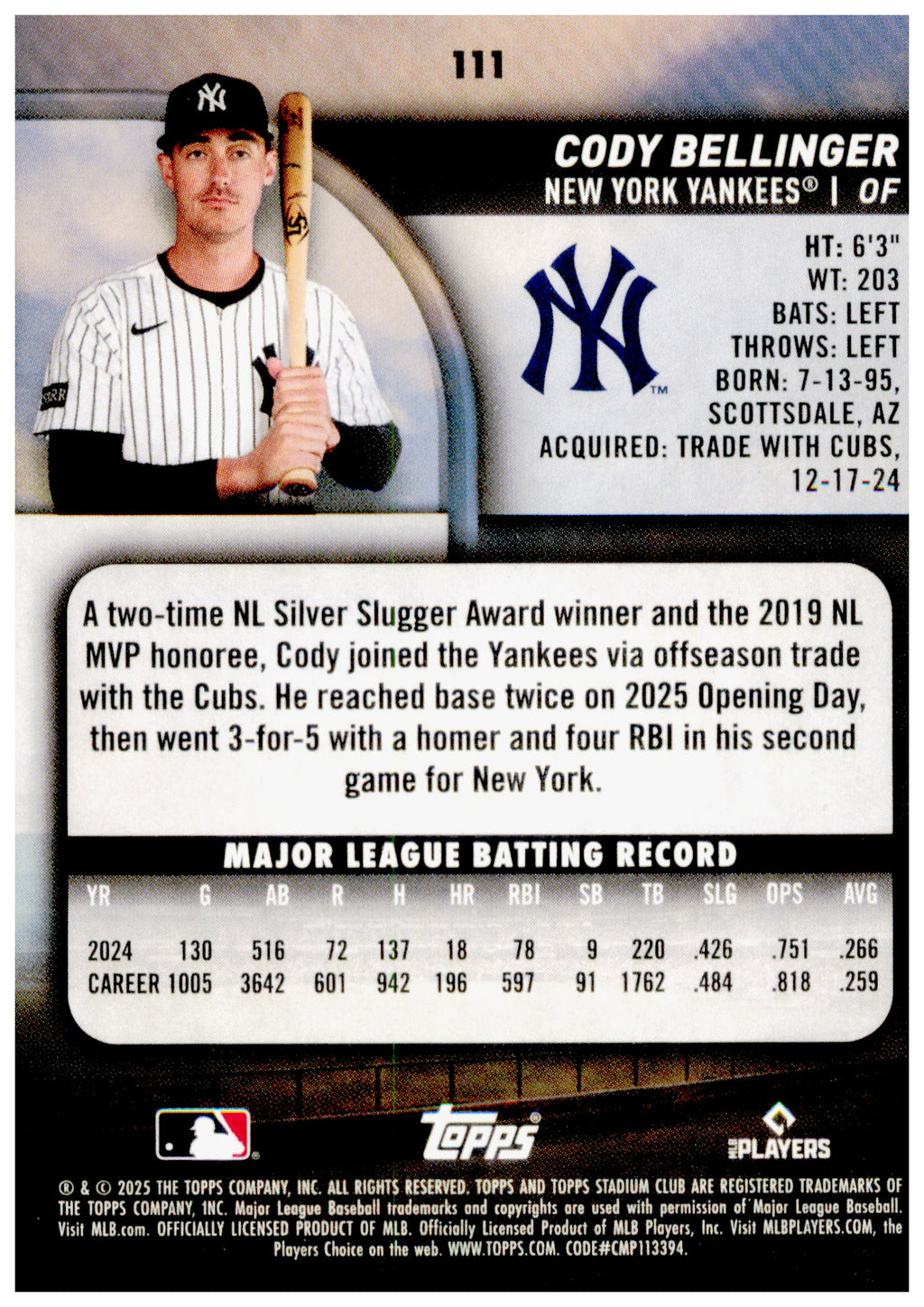 2025 Stadium Club Cody Bellinger Card Yankees