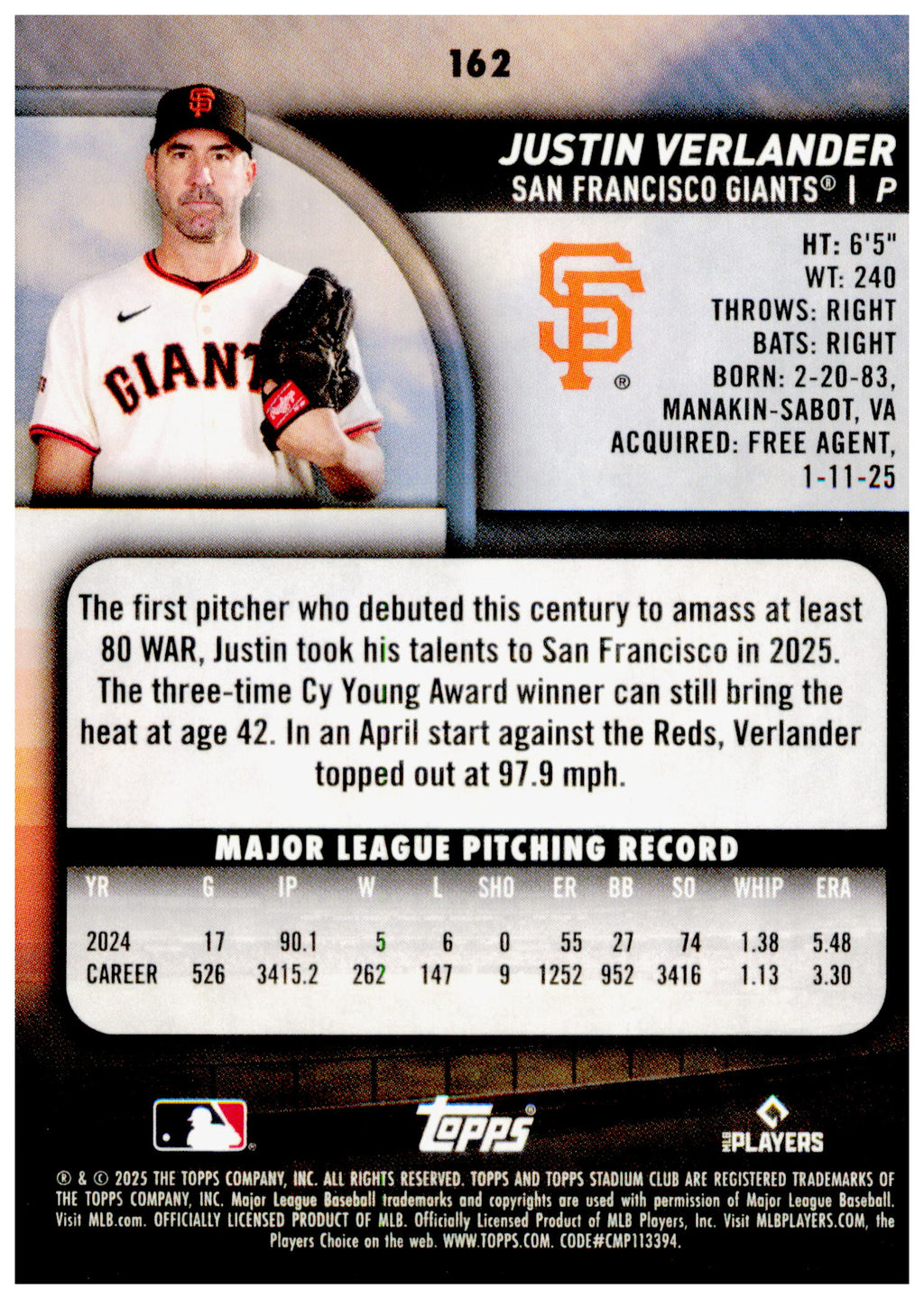 2025 Stadium Club Justin Verlander Card #114 San Francisco Giants