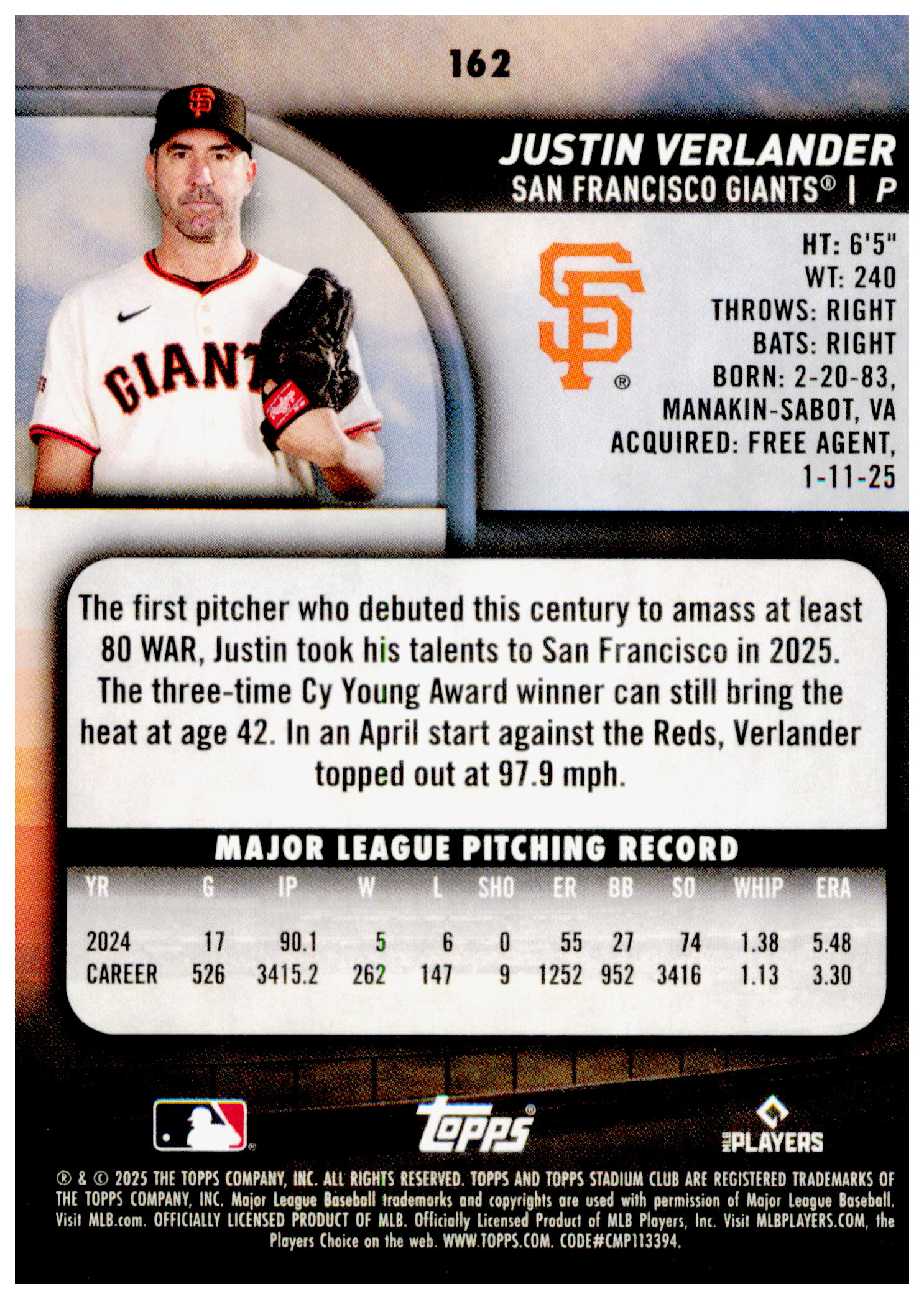 2025 Stadium Club Justin Verlander Card #114 San Francisco Giants