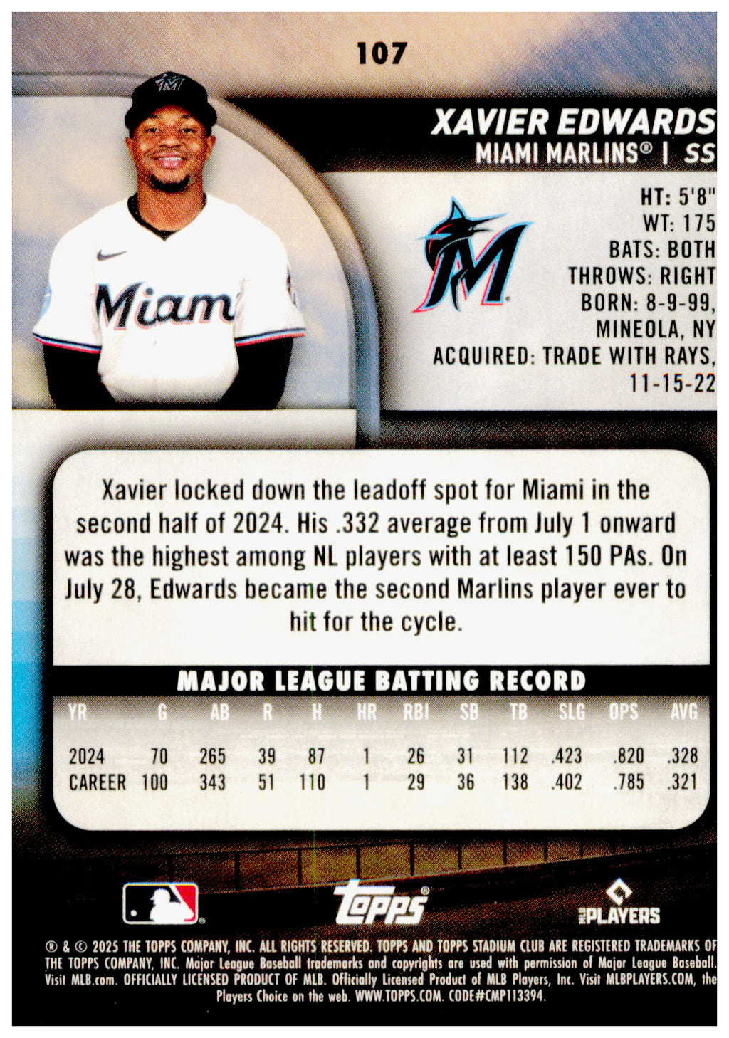 2025 Stadium Club Xavier Edwards Card Miami Marlins #107