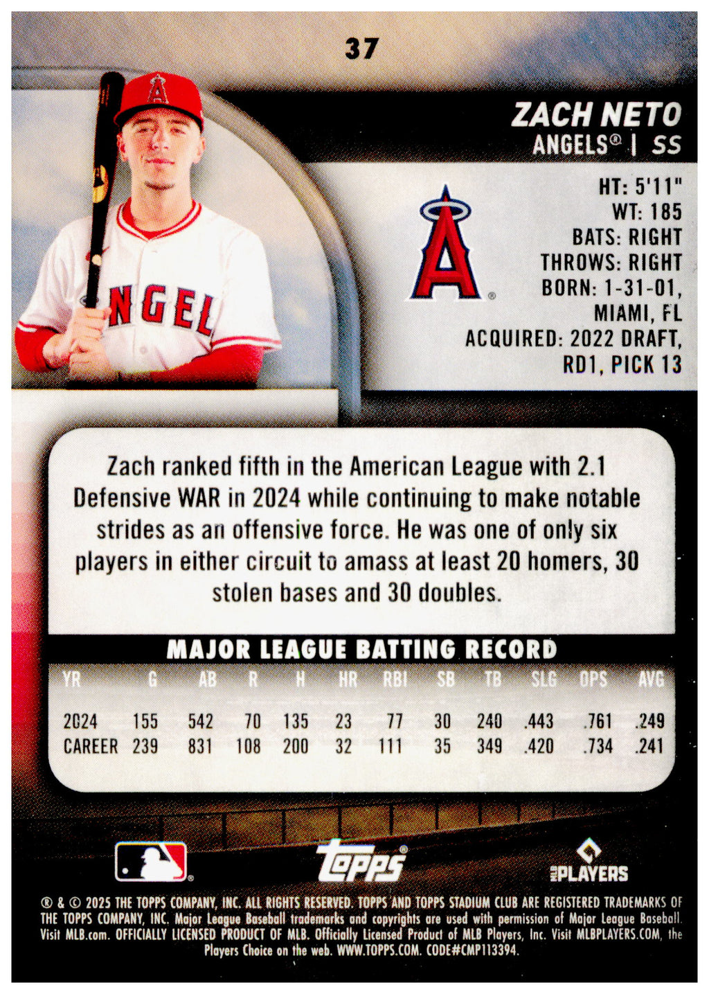 2025 Stadium Club Zach Neto Card Los Angeles Angels #37