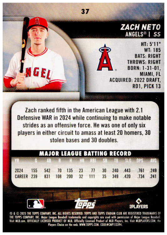 2025 Stadium Club Zach Neto Card Los Angeles Angels #37