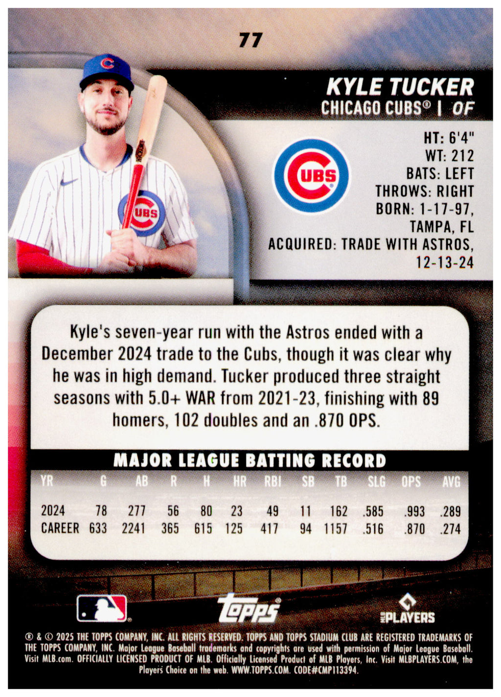 2025 Stadium Club Kyle Tucker Card Chicago Cubs #77