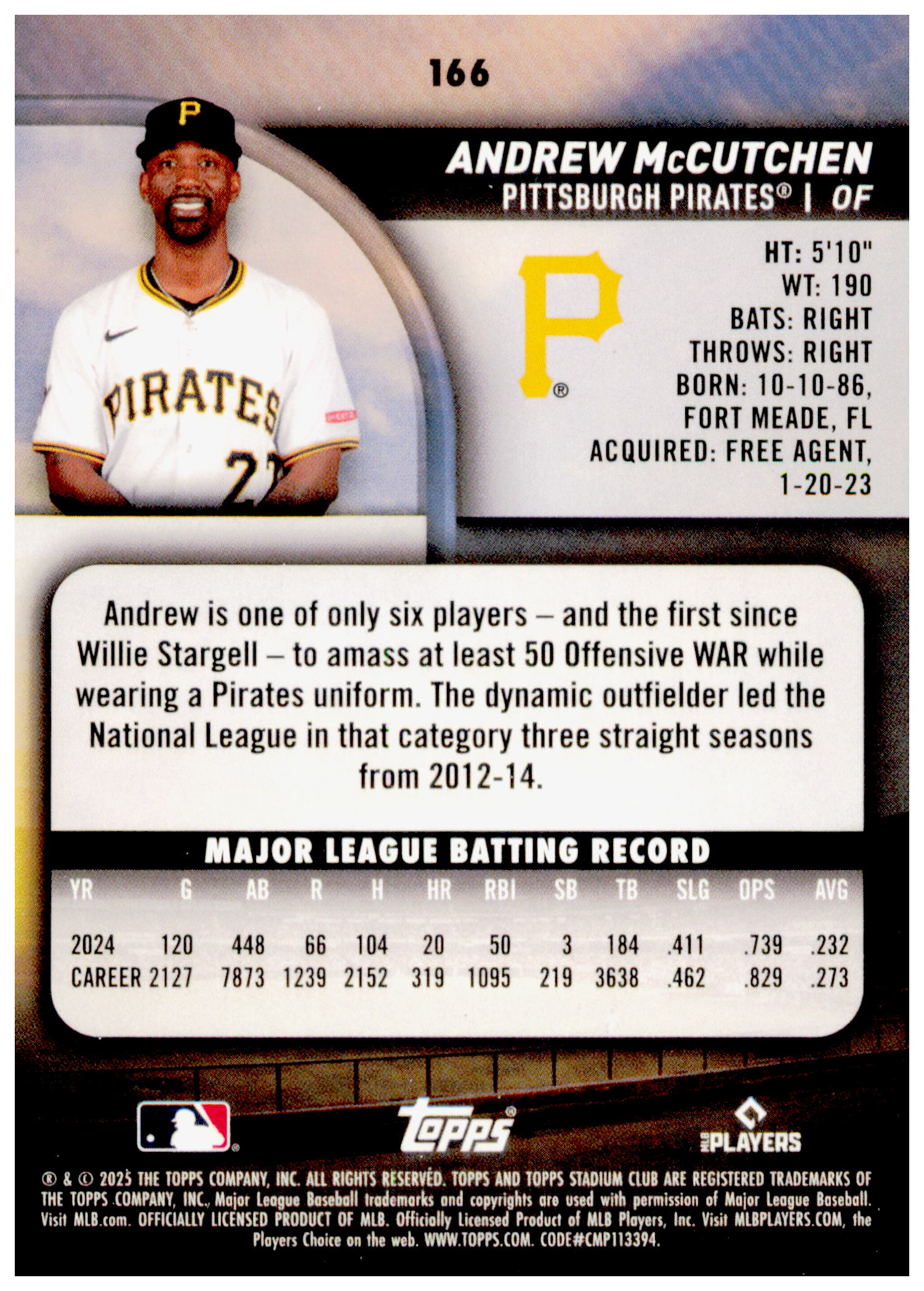2025 Stadium Club Andrew McCutchen Card Pittsburgh Pirates #166