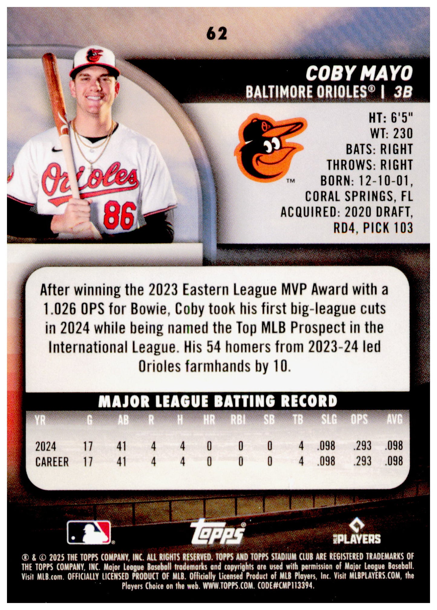 2025 Stadium Club Coby Mayo Card RC Baltimore Orioles #62