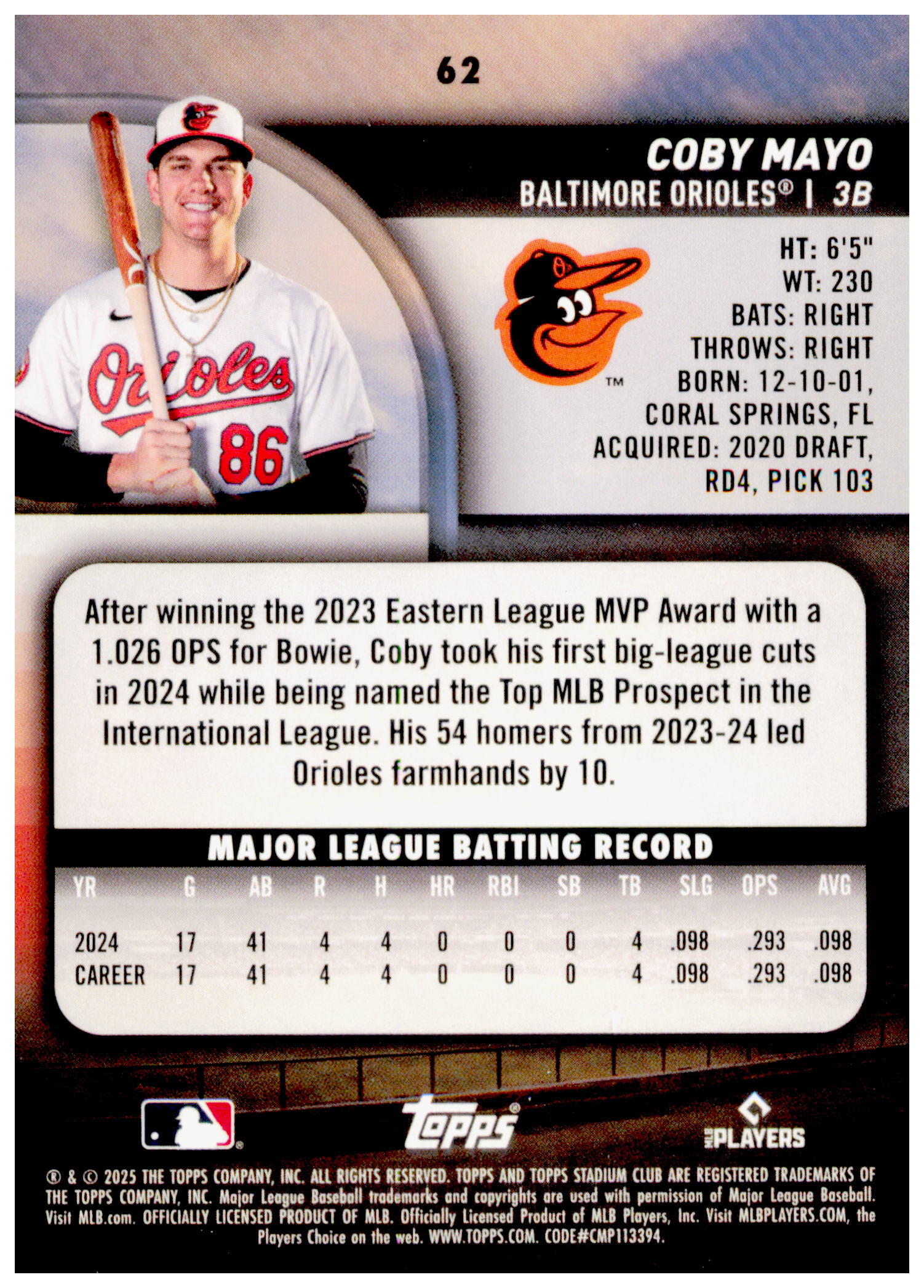 2025 Stadium Club Coby Mayo Card RC Baltimore Orioles #62
