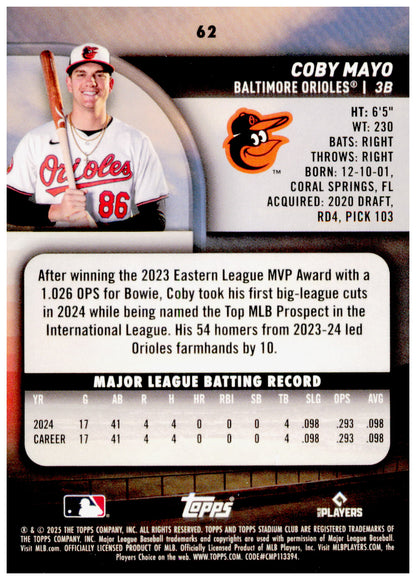 2025 Stadium Club Coby Mayo Card RC Baltimore Orioles #62