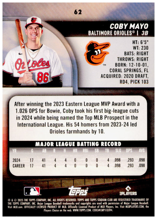 2025 Stadium Club Coby Mayo Card RC Baltimore Orioles #62