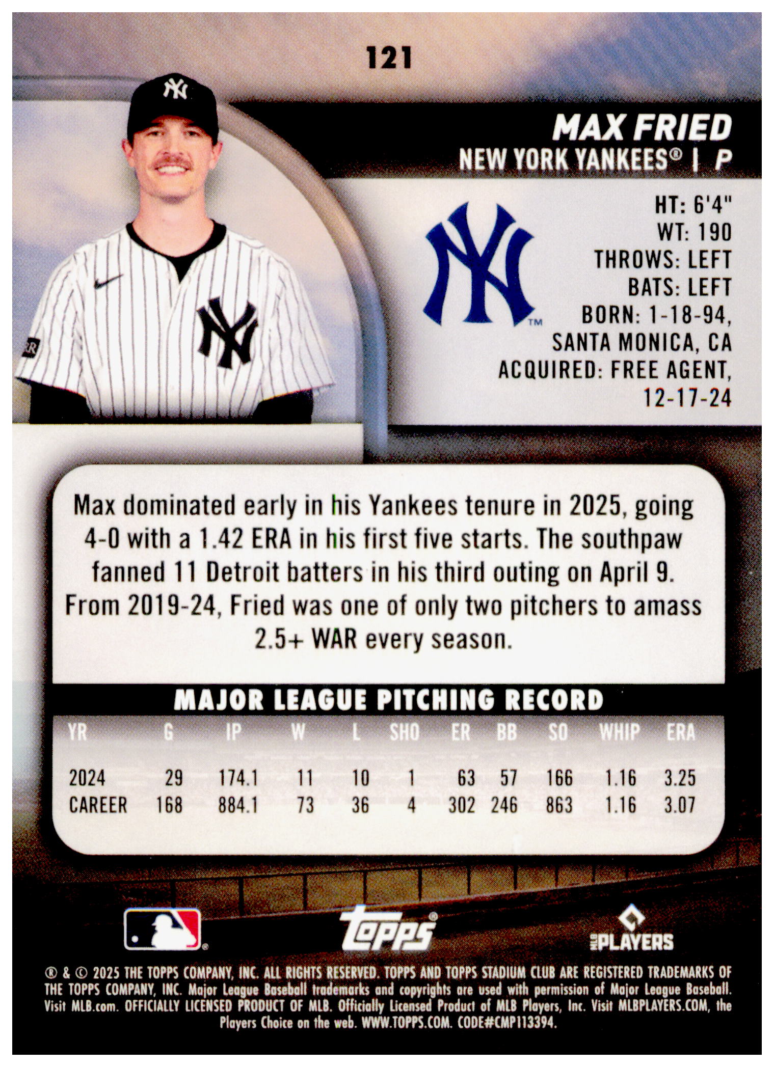 2025 Stadium Club Max Fried Card New York Yankees #121