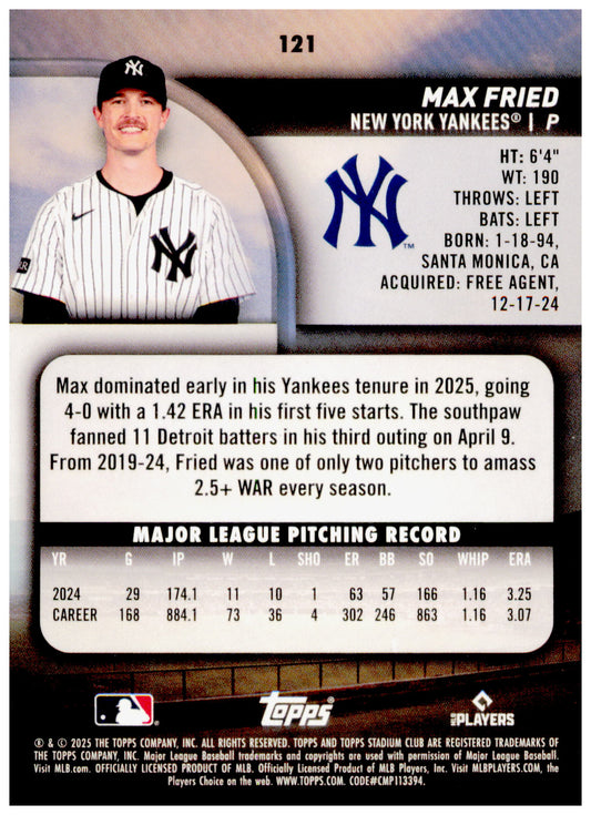2025 Stadium Club Max Fried Card New York Yankees #121
