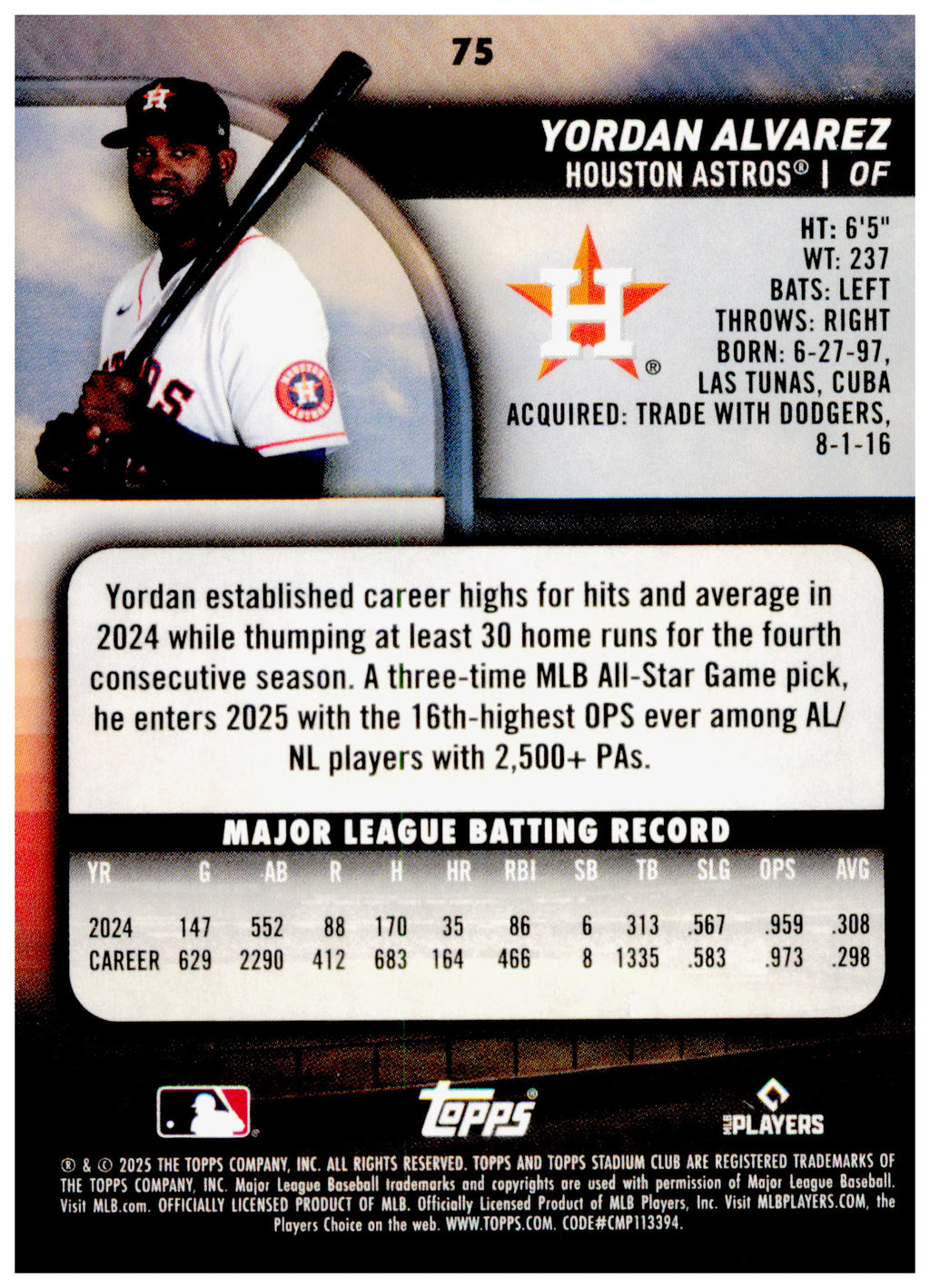 2025 Stadium Club Yordan Alvarez Card Houston Astros #75