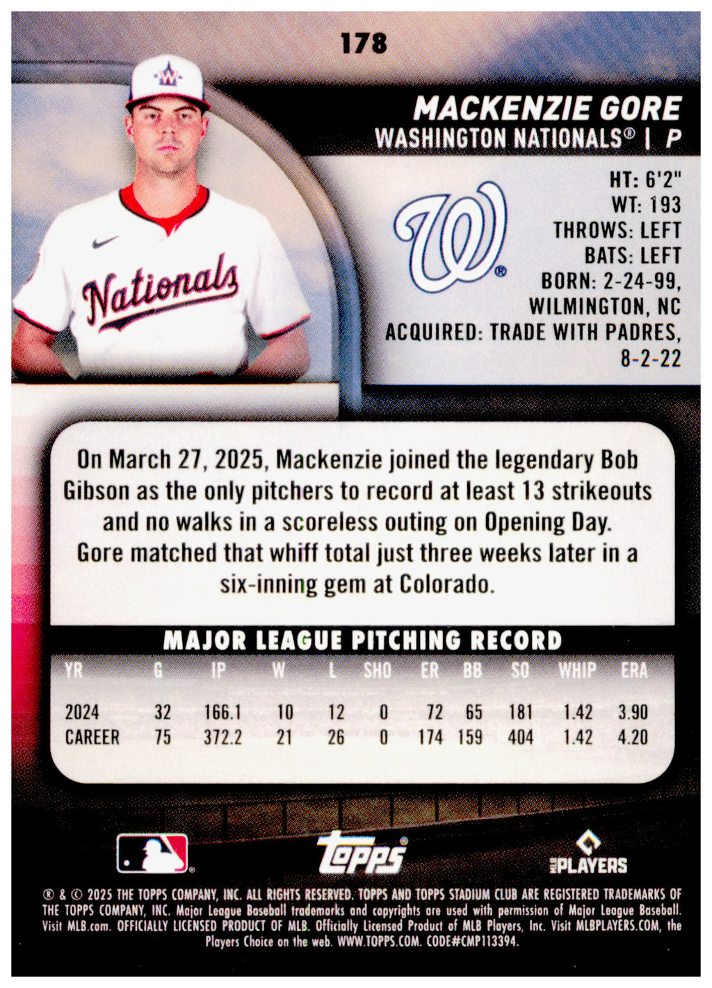 2025 Stadium Club Mackenzie Gore Card Washington Nationals #178