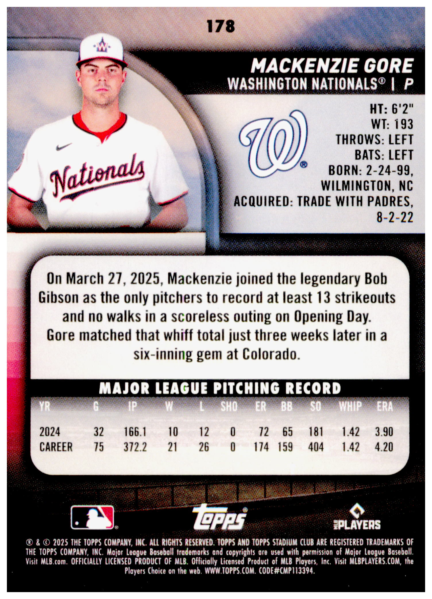 2025 Stadium Club Mackenzie Gore Card Washington Nationals #178
