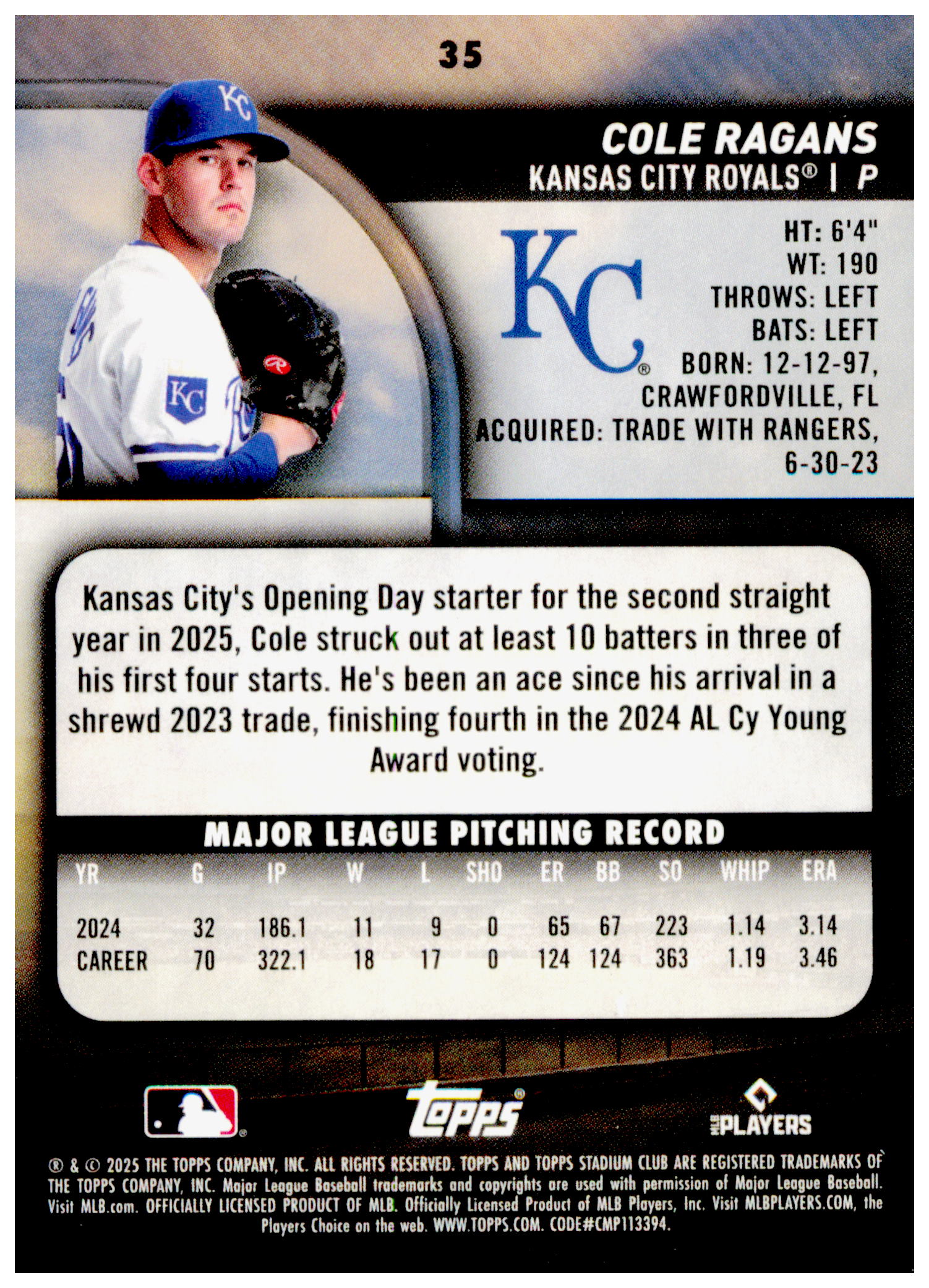 2025 Stadium Club Cole Ragans Card Kansas City Royals #35