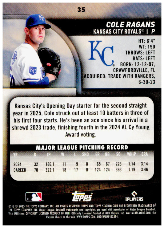 2025 Stadium Club Cole Ragans Card Kansas City Royals #35