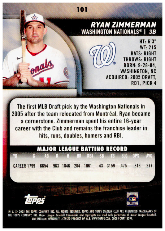 2025 Stadium Club Ryan Zimmerman Card Washington Nationals #101