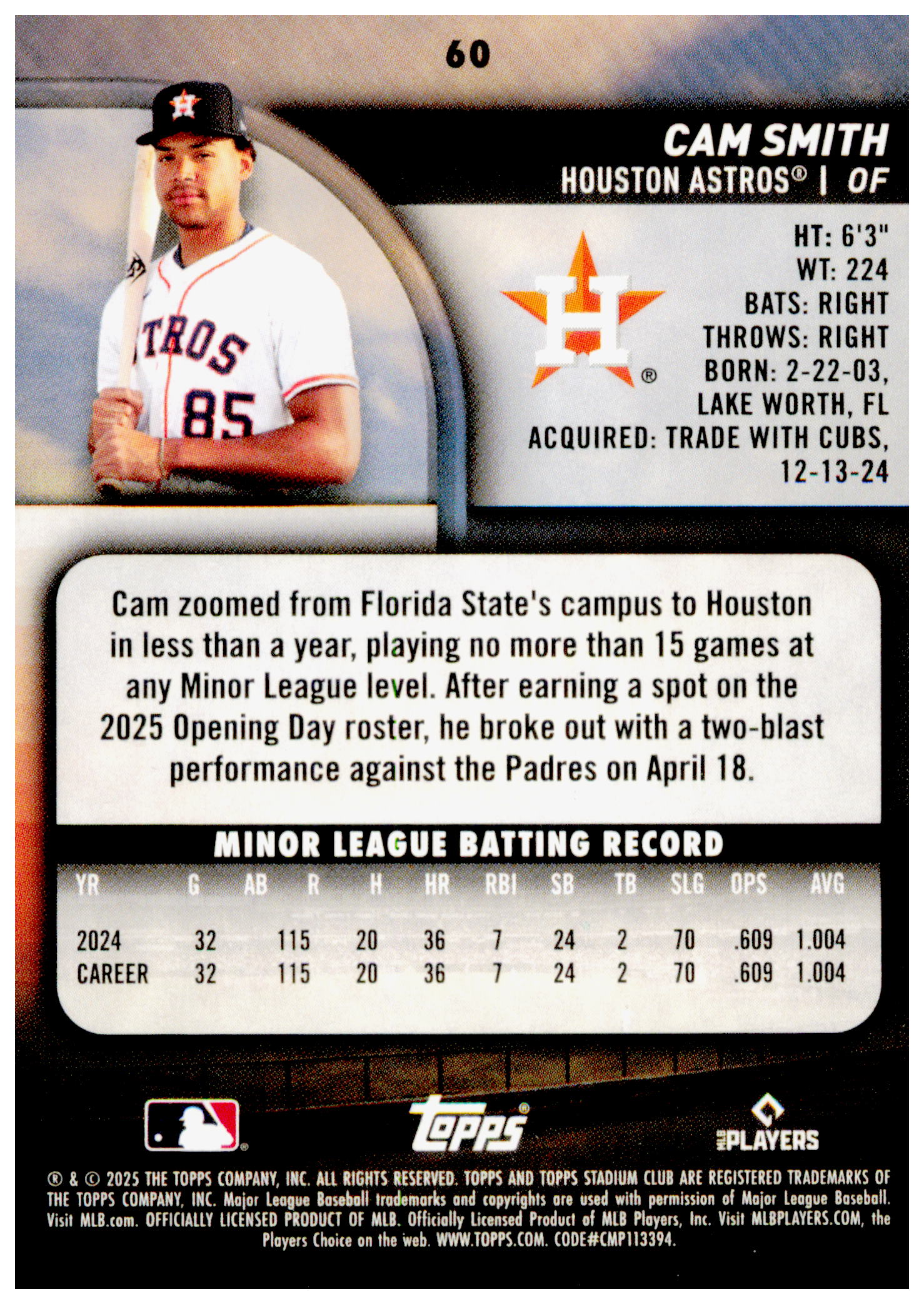 2025 Stadium Club Cam Smith Card RC Houston Astros #60