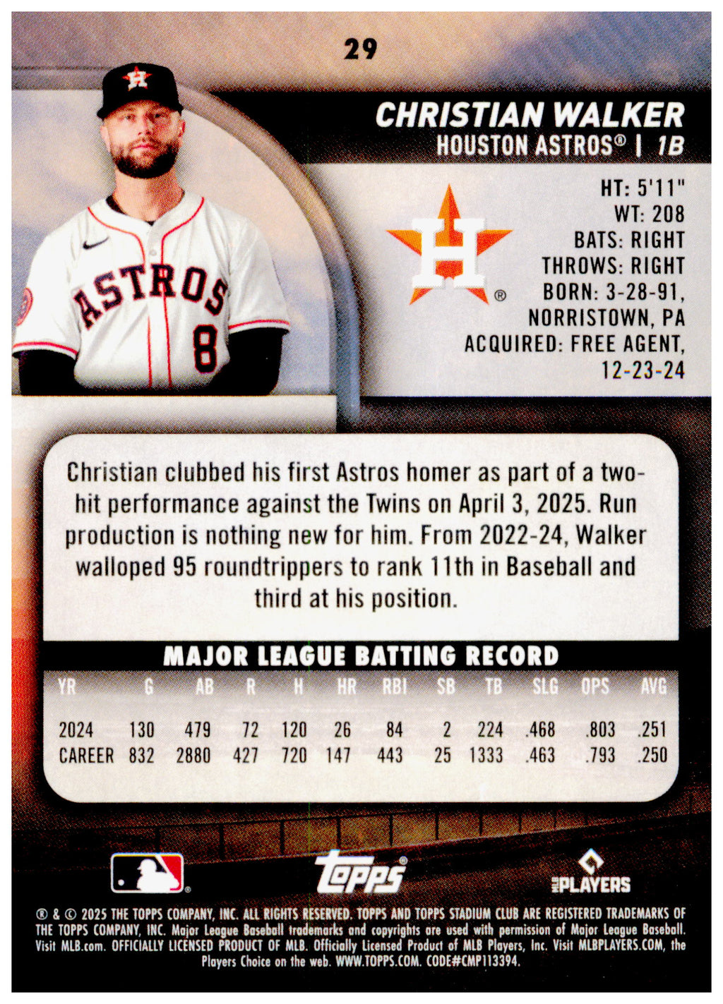 2025 Stadium Club Christian Walker Card Houston Astros #29