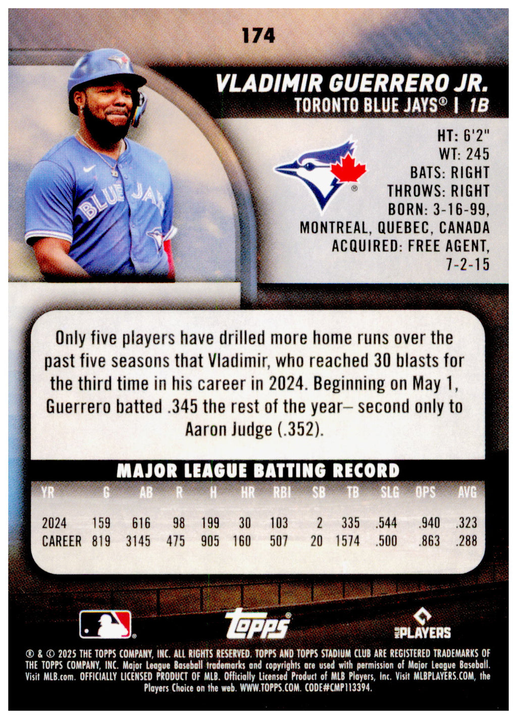 2025 Stadium Club Vladimir Guerrero Jr. Card Toronto Blue Jays #174