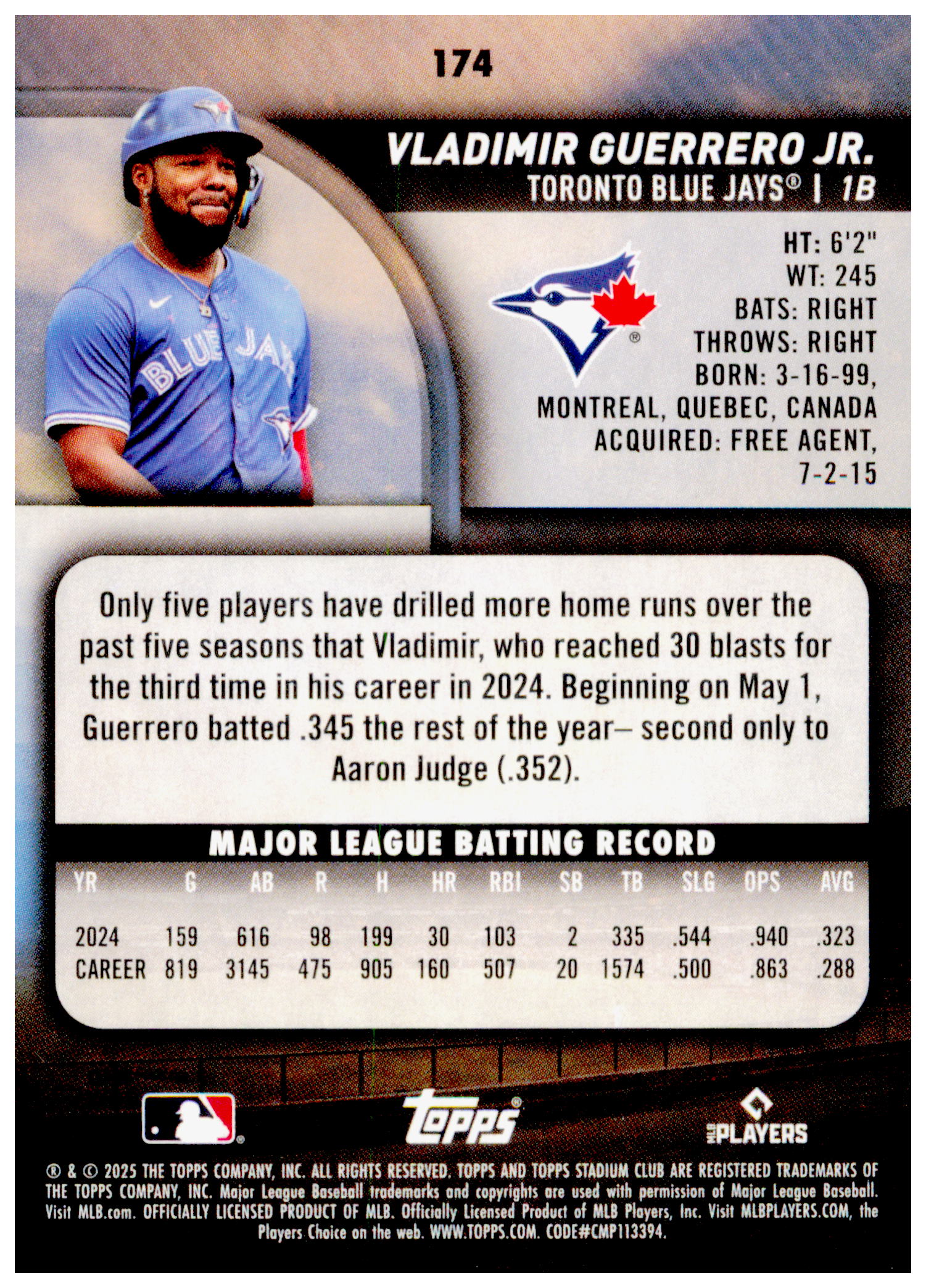 2025 Stadium Club Vladimir Guerrero Jr. Card Toronto Blue Jays #174