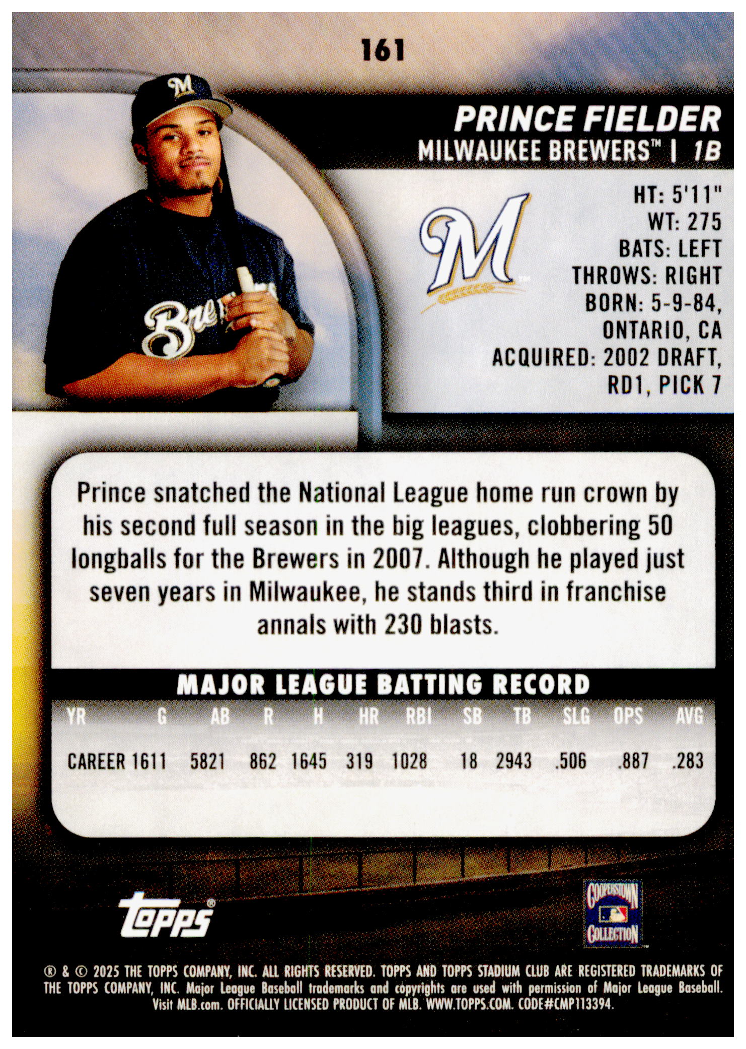 2025 Stadium Club Prince Fielder Card Milwaukee Brewers #161