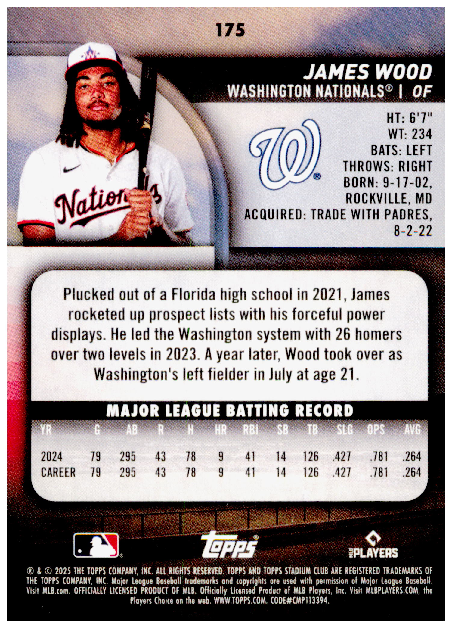 2025 Stadium Club James Wood Card RC Washington Nationals #175