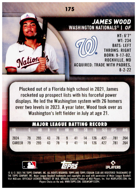 2025 Stadium Club James Wood Card RC Washington Nationals #175