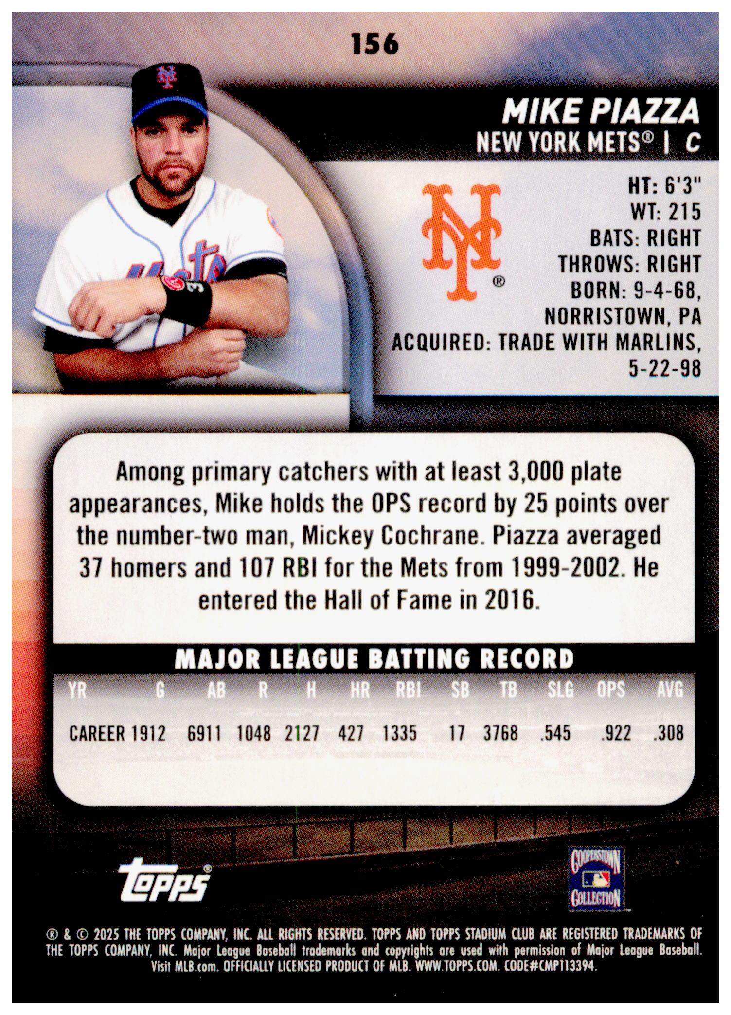 2021 Stadium Club Mike Piazza Card New York Mets #154