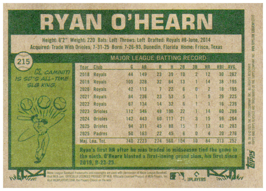 2026 Topps Heritage Ryan O'Hearn Card San Diego Padres #215