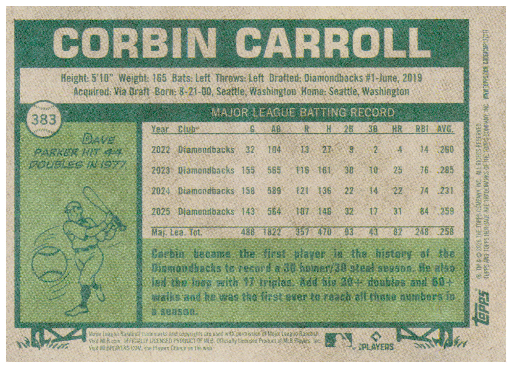 2026 Topps Heritage Corbin Carroll Card Arizona Diamondbacks #383