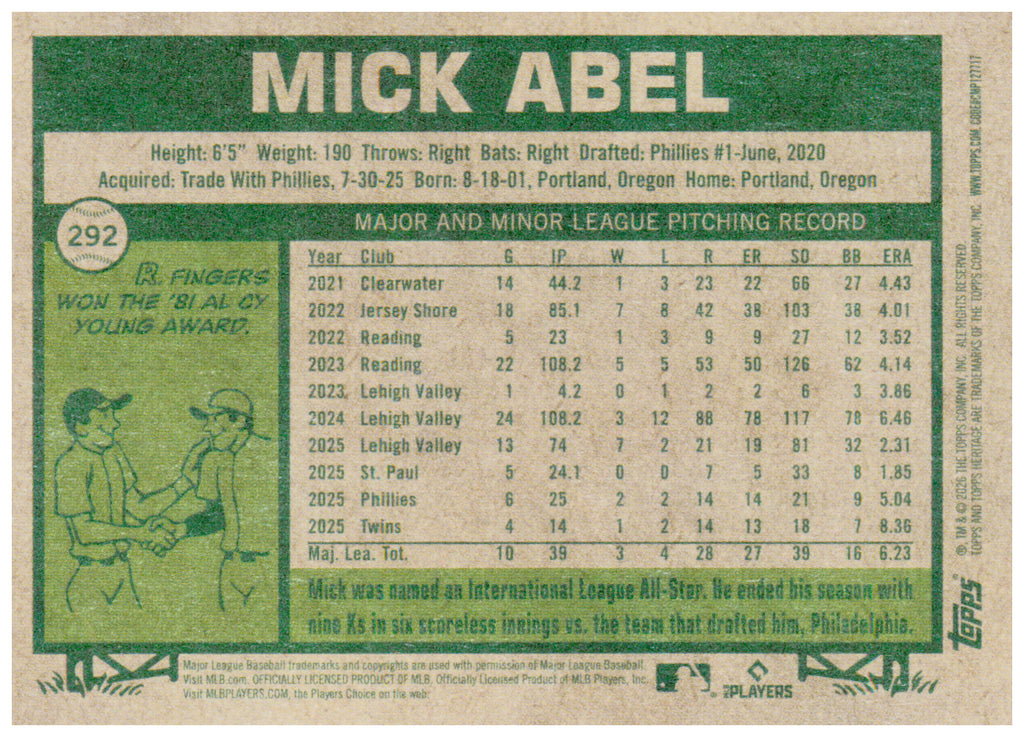 2026 Topps Heritage Mick Abel Card Minnesota Twins #292