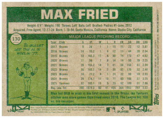 2026 Topps Heritage Max Fried Card New York Yankees #130