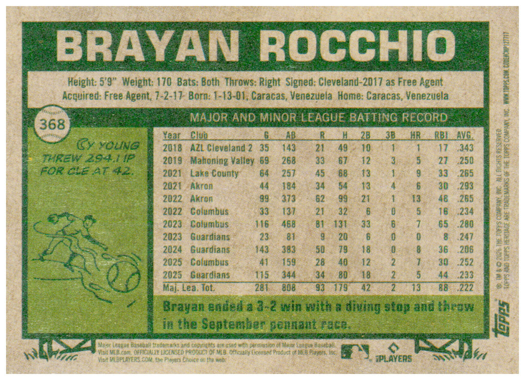 2026 Topps Heritage Brayan Rocchio Card Cleveland Guardians #368